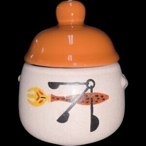 Vintage West Bend MCM Stoneware Bean Pot with Orange Lid Utensil Pattern